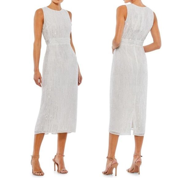 Mac Duggal Sleeveless Sequin Cocktail White Midi Women's Dress